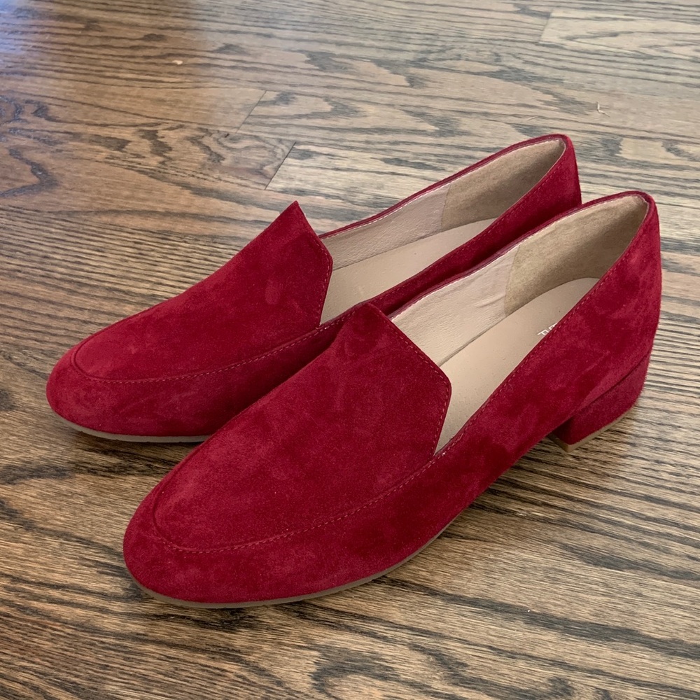 Eileen Fisher Elan Deep Red Suede Heeled Loafer Shoes